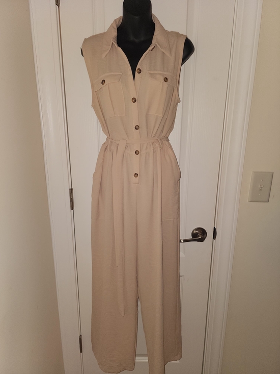 Pants - Sleeveless Beige Utility Jumpsuit with Tie Waist
